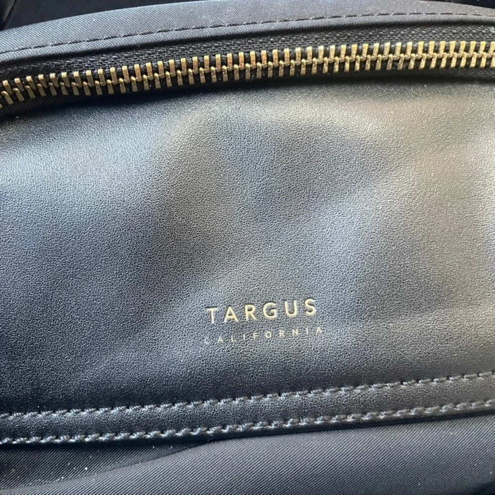 Targus Black Nylon Faux Leather Backpack Laptop Bag Gold Accents Orange Interior